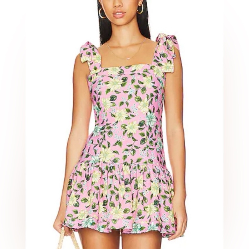 Agua Bendita x Revolve Joaquina Pink‎ Floral Shoulder Tie Mini Dress Size Medium